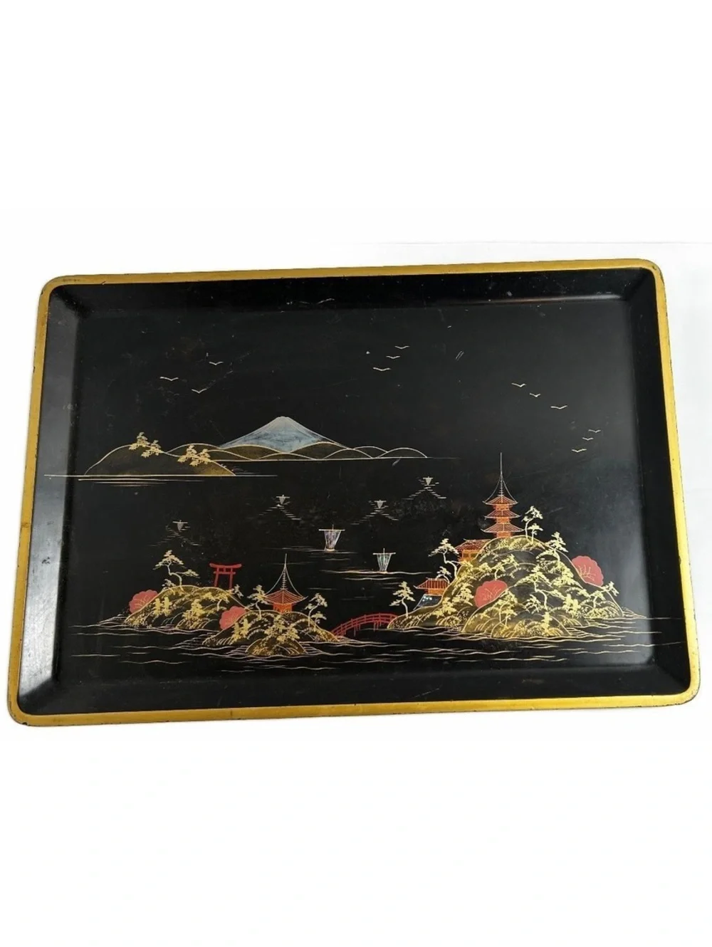 Vintage Japanese Lacquered Tray with Scenic Island and Pagoda Design